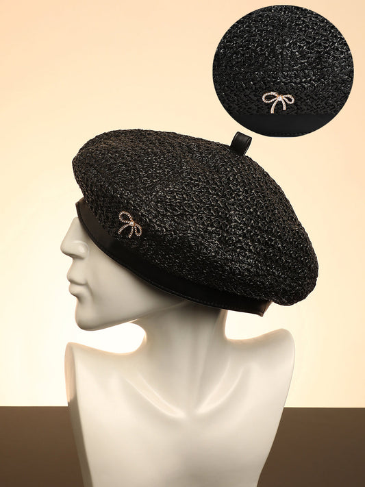 Bow Woven Beret Hat - Midnight Black