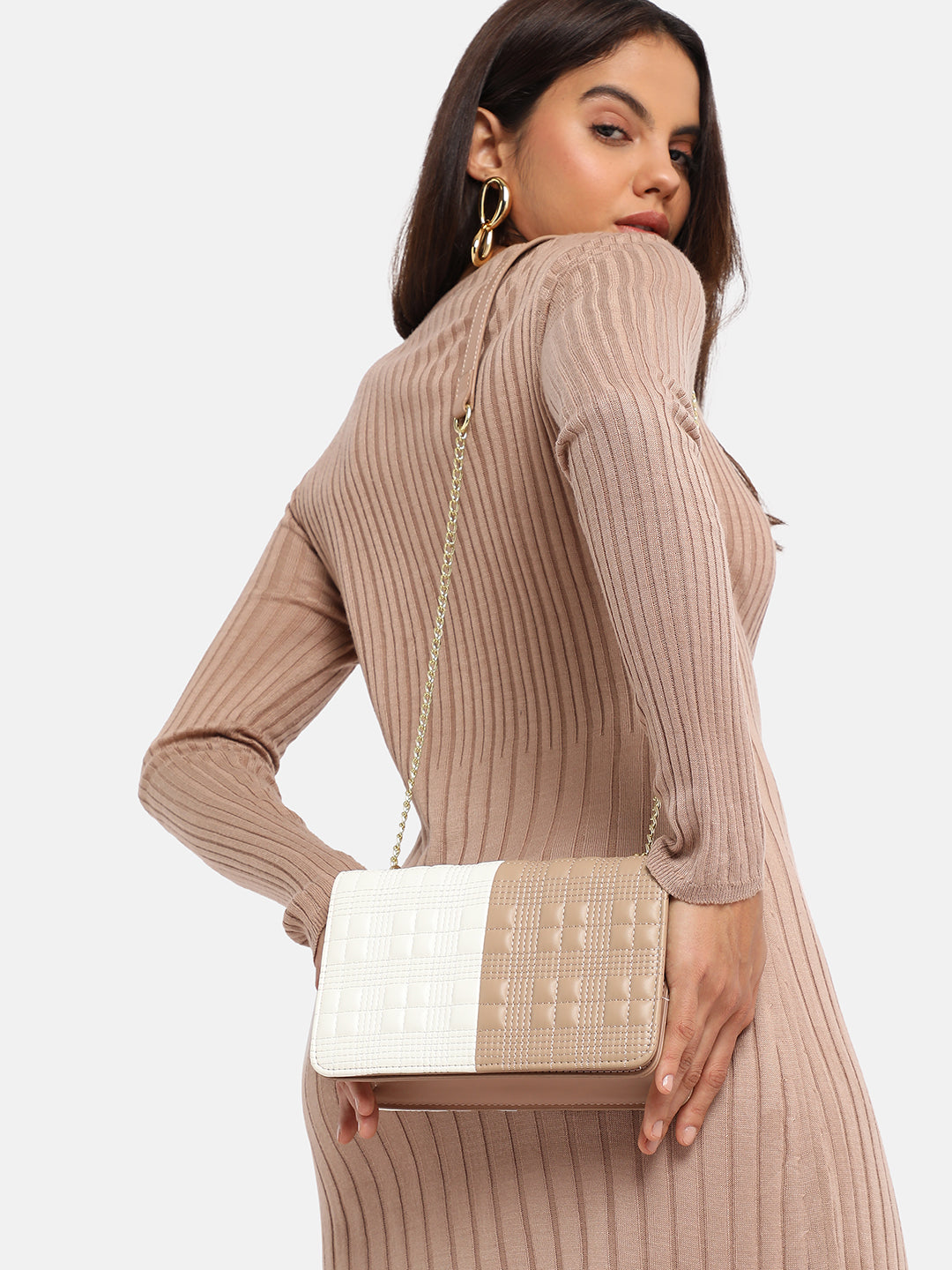 Contrast Flap Sling Bag - White & Beige