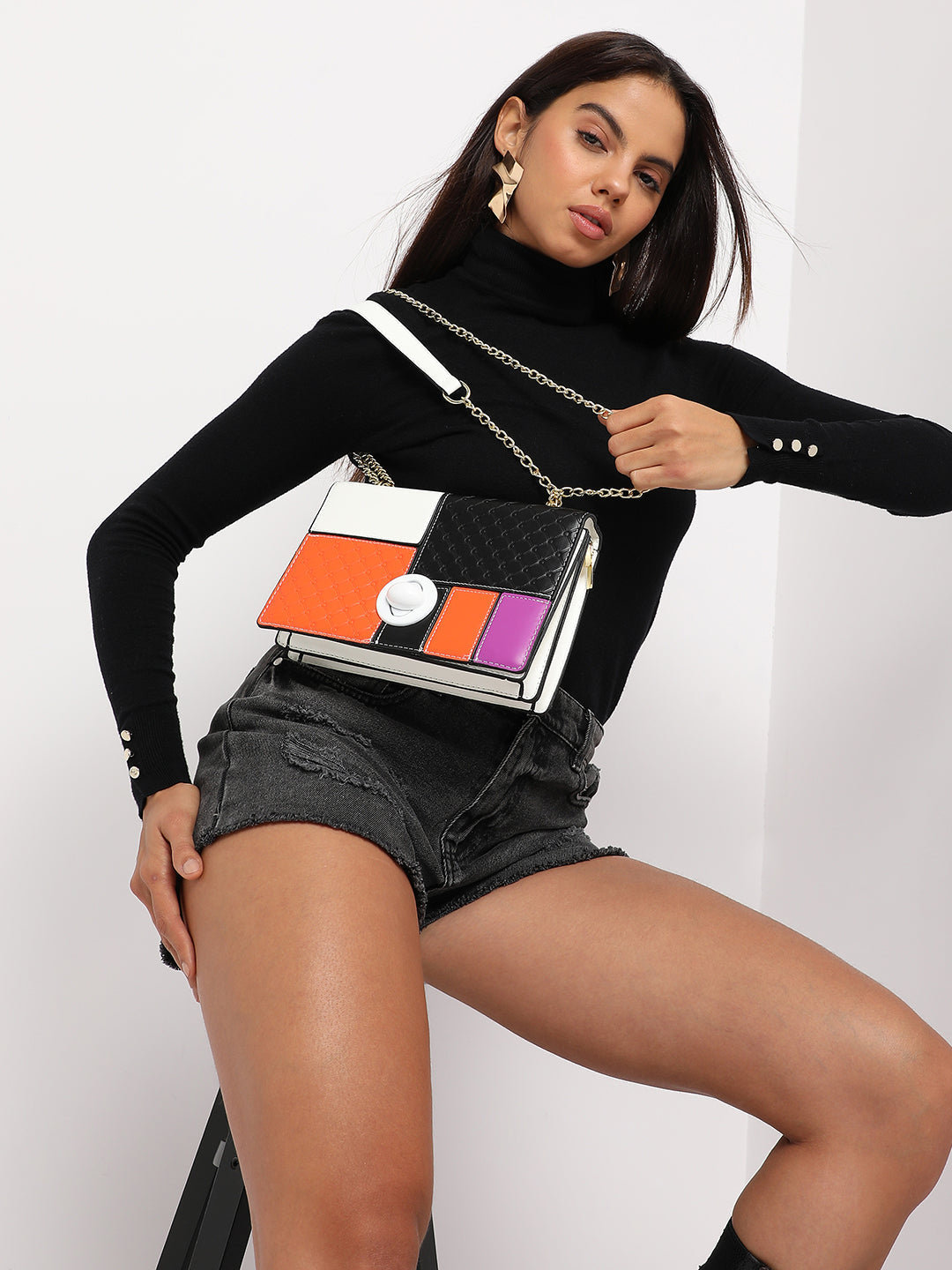 Contrast Block Sling Bag - Orange & Black