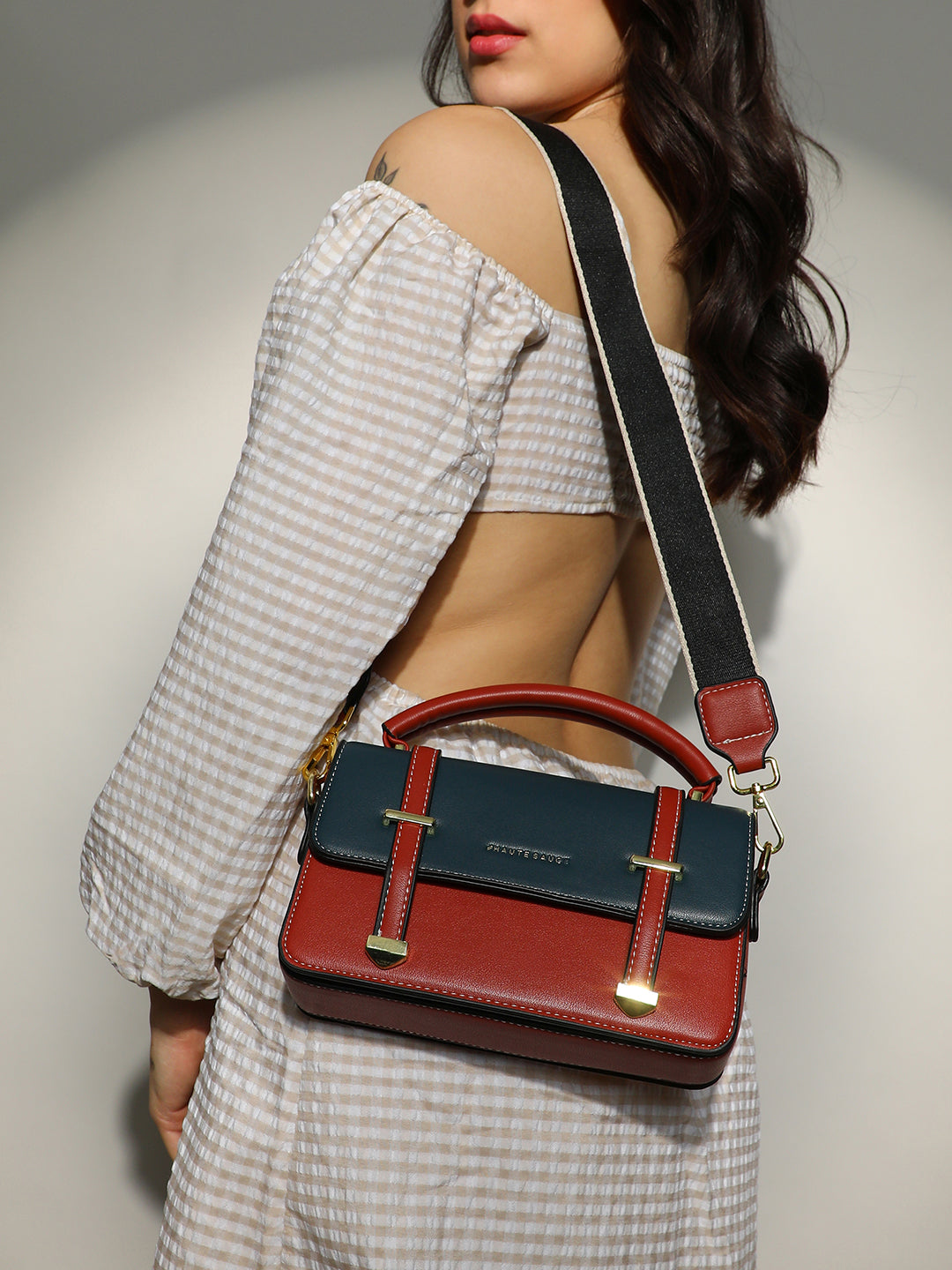 The Linea Hand Bag - Terracotta Brown & Navy Blue