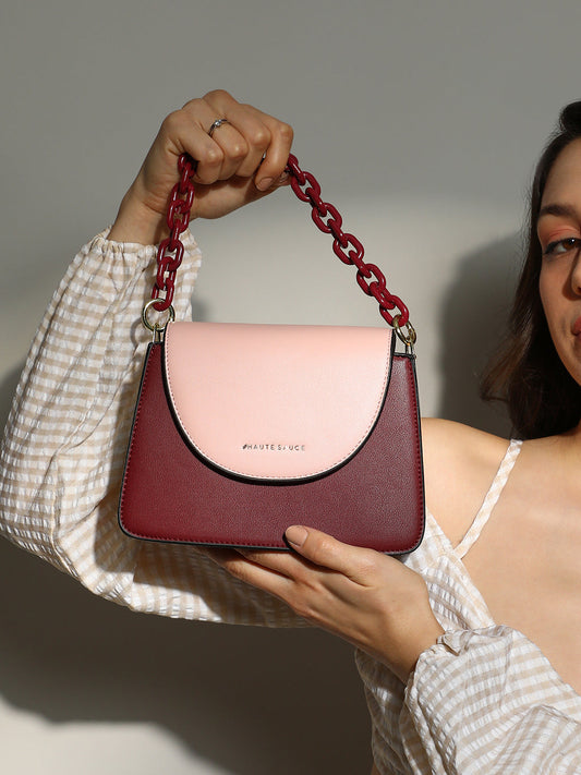The Block Flap Hand Bag - Burgundy Red & Blush Pink
