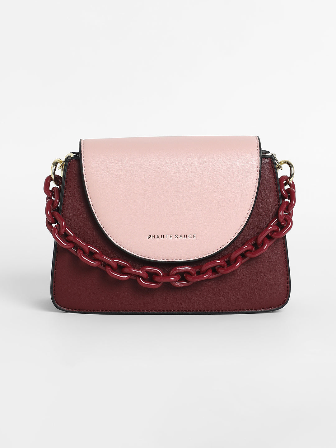 The Block Flap Hand Bag - Burgundy Red & Blush Pink