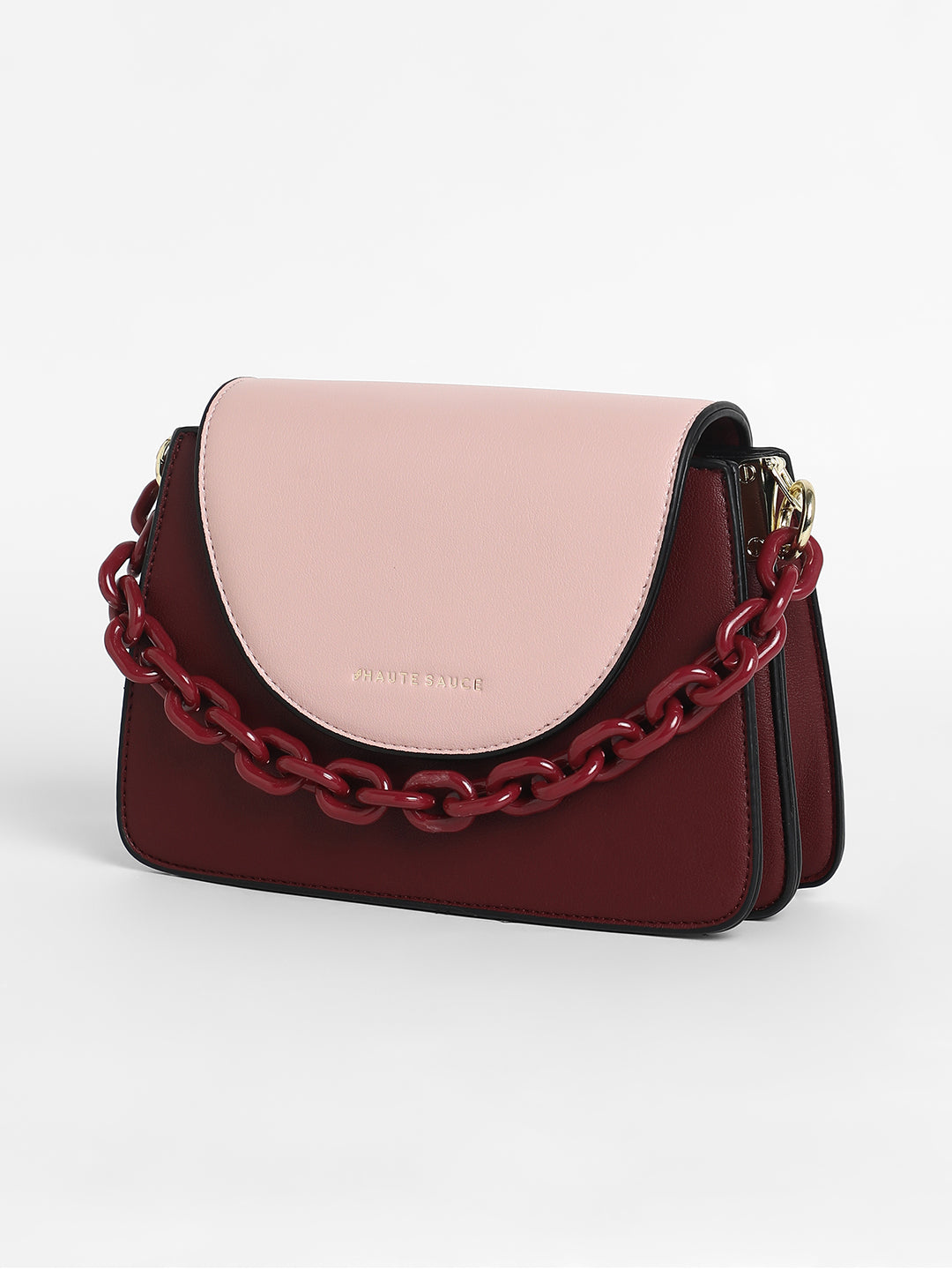 The Block Flap Hand Bag - Burgundy Red & Blush Pink
