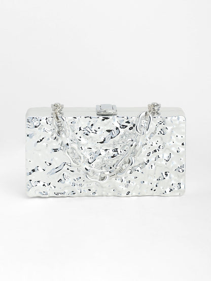 The Dented Chain Clutch Bag - Metallic Silver