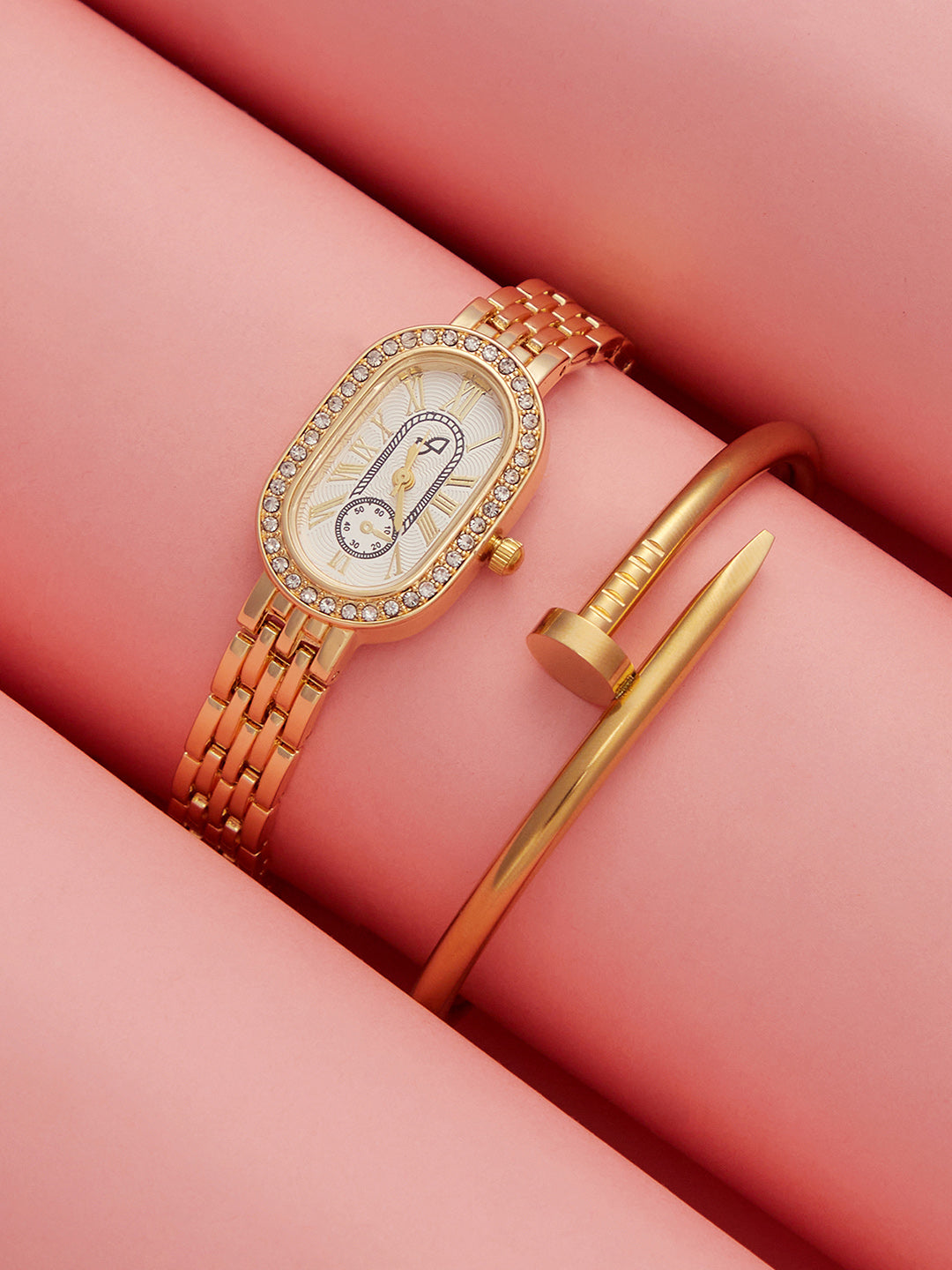 The Embellished Roman Oval Watch With Bangle Bracelet Combo