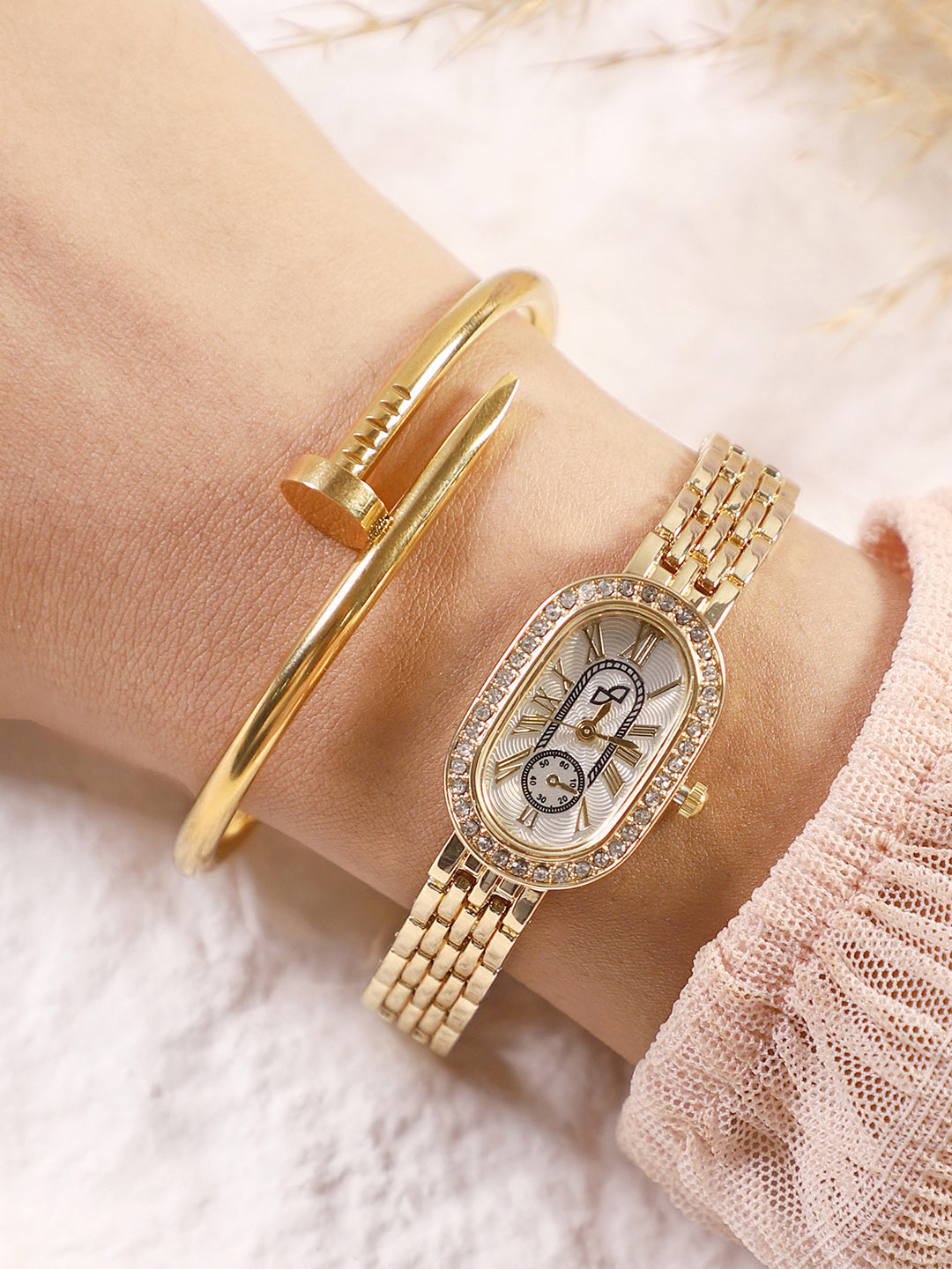 The Embellished Roman Oval Watch With Bangle Bracelet Combo
