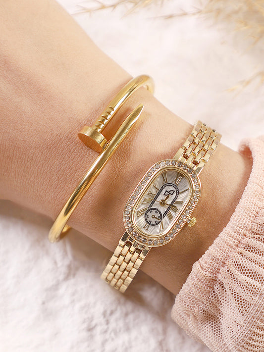 The Embellished Roman Oval Watch With Bangle Bracelet Combo