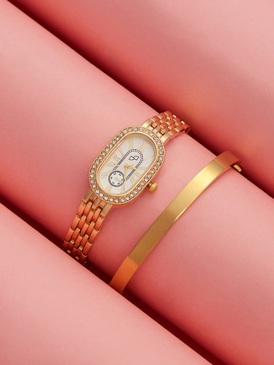 The Embellished Roman Oval Watch With Bracelet Combo