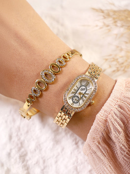 The Embellished Roman Oval Watch With Bracelet Combo