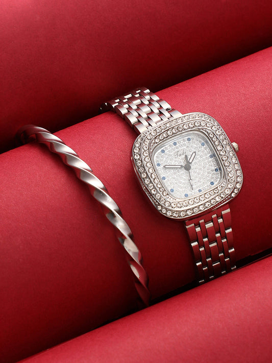 The Embellished Block Round Watch With Bracelet Combo