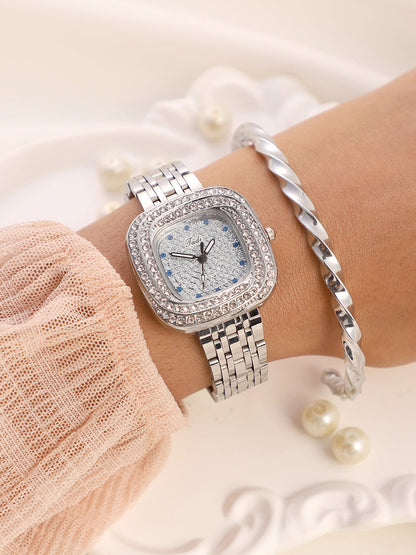 The Embellished Block Round Watch With Bracelet Combo