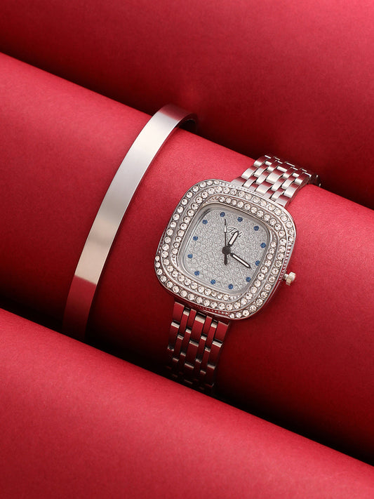 The Embellished Block Round Watch With Bracelet Combo