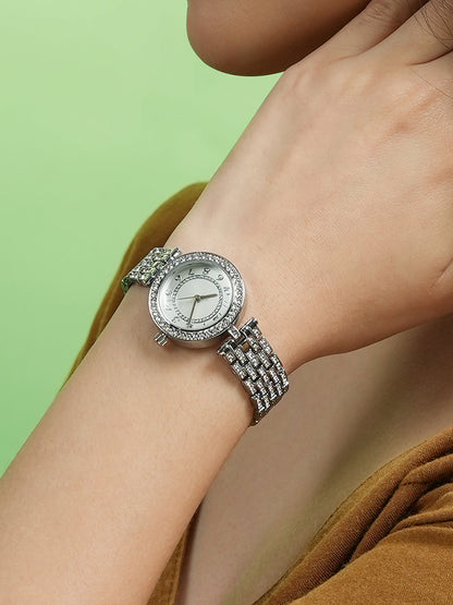 The Embellished Five-Link Round Watch - Metallic Silver