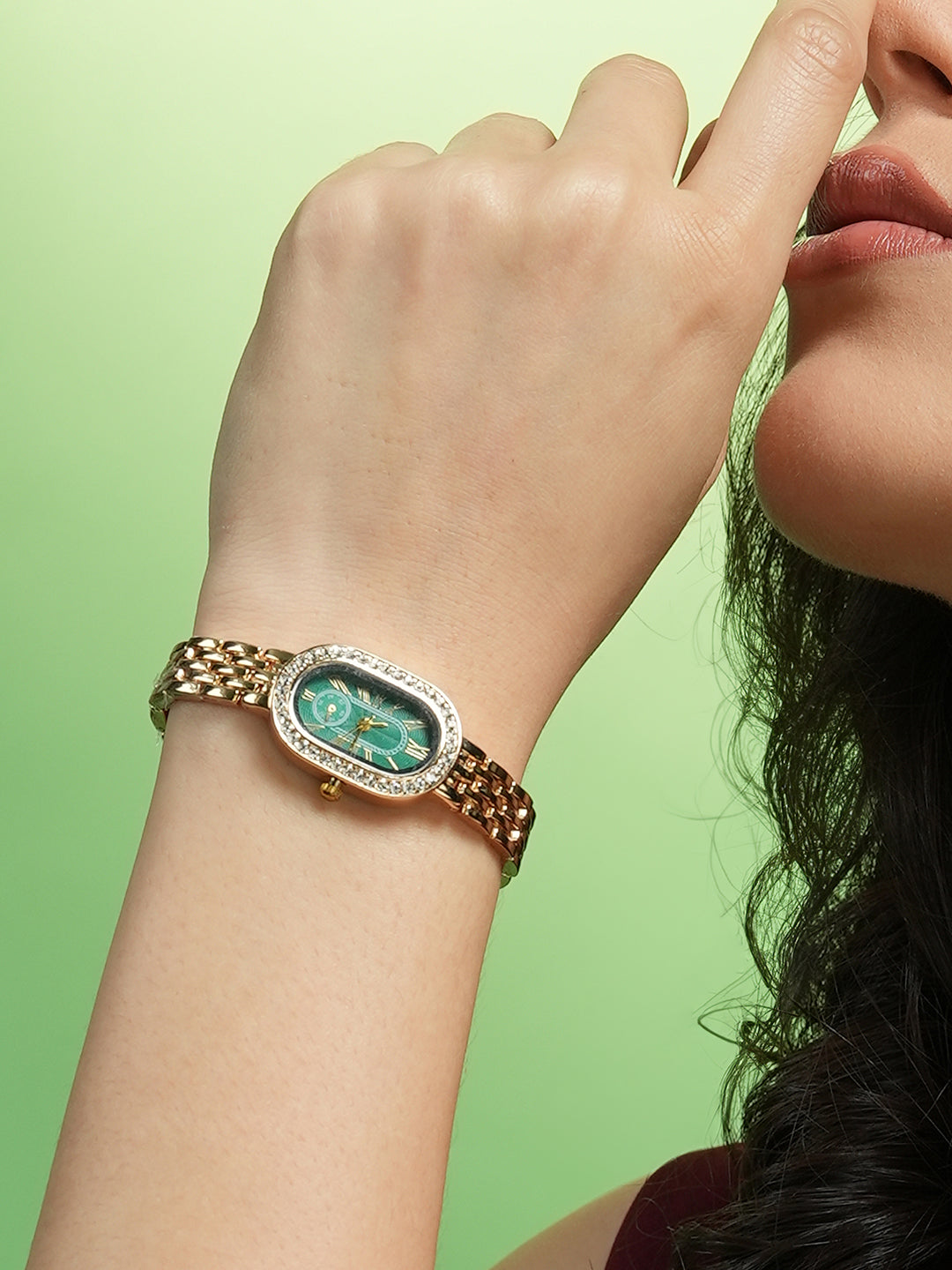 The Embellished Roman Oval Watch - Emerald Green