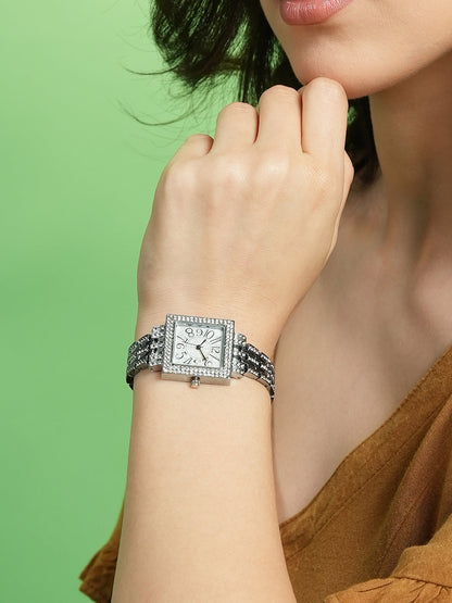 The Embellished Five-Link Square Watch - Metallic Silver