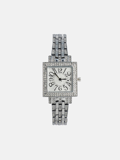 The Embellished Five-Link Square Watch - Metallic Silver