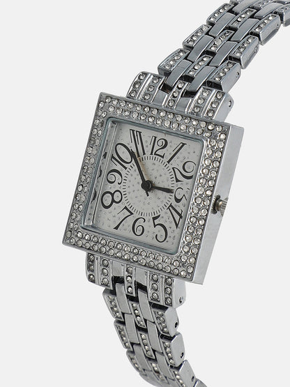 The Embellished Five-Link Square Watch - Metallic Silver