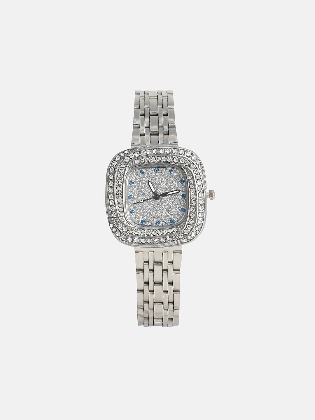 The Embellished Block Round Watch - Metallic Silver