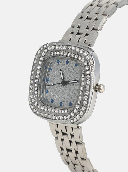 The Embellished Block Round Watch - Metallic Silver