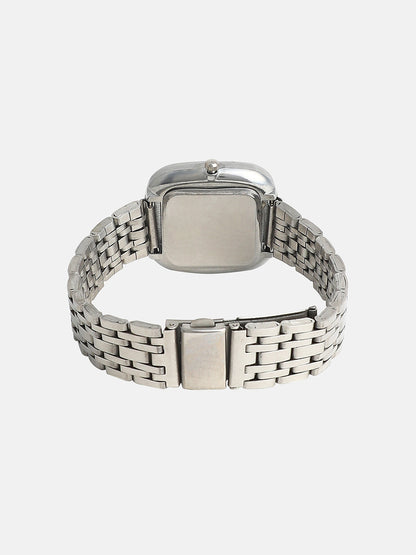 The Embellished Block Round Watch - Metallic Silver