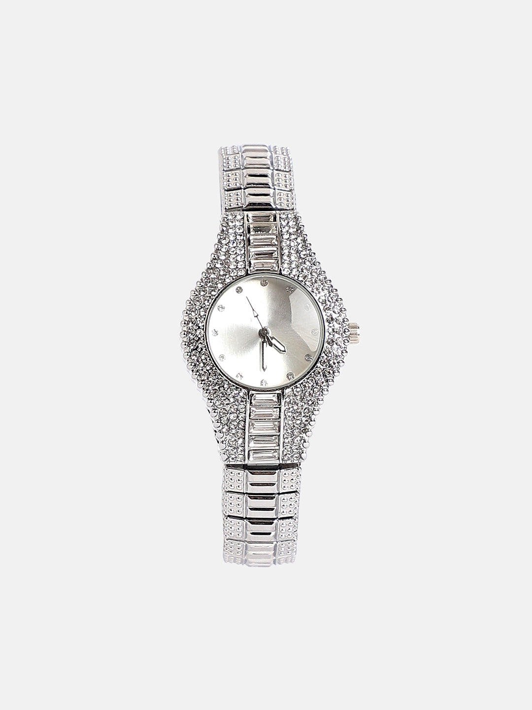 The Embellished Round Watch - Metallic Silver