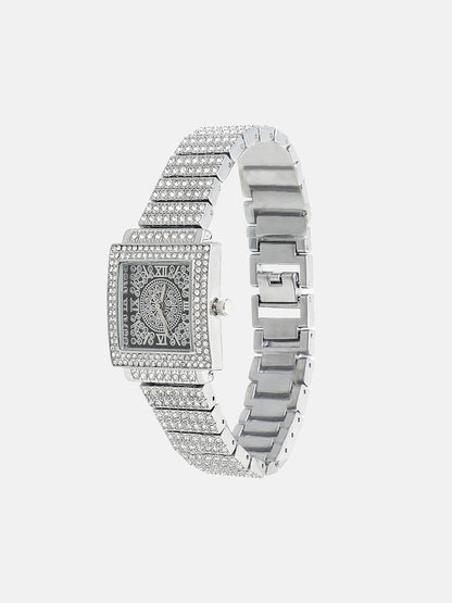The Embellished Geometric Round Watch - Crystal Silver