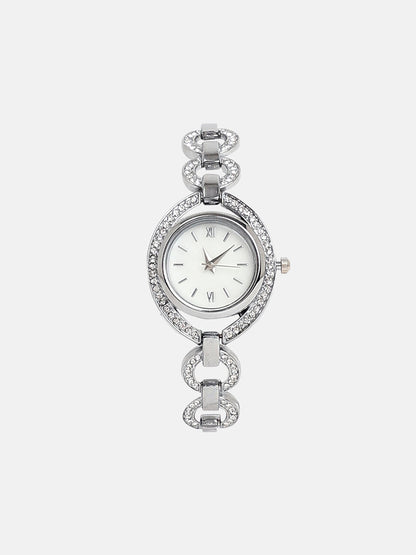 The Embellished Chainlink Round Watch - Metallic Silver