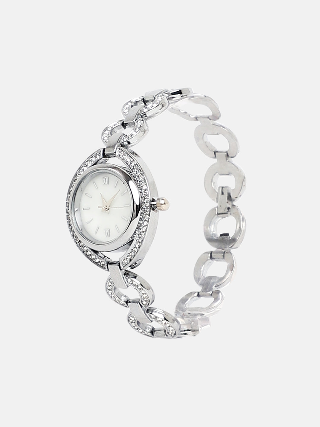 The Embellished Chainlink Round Watch - Metallic Silver