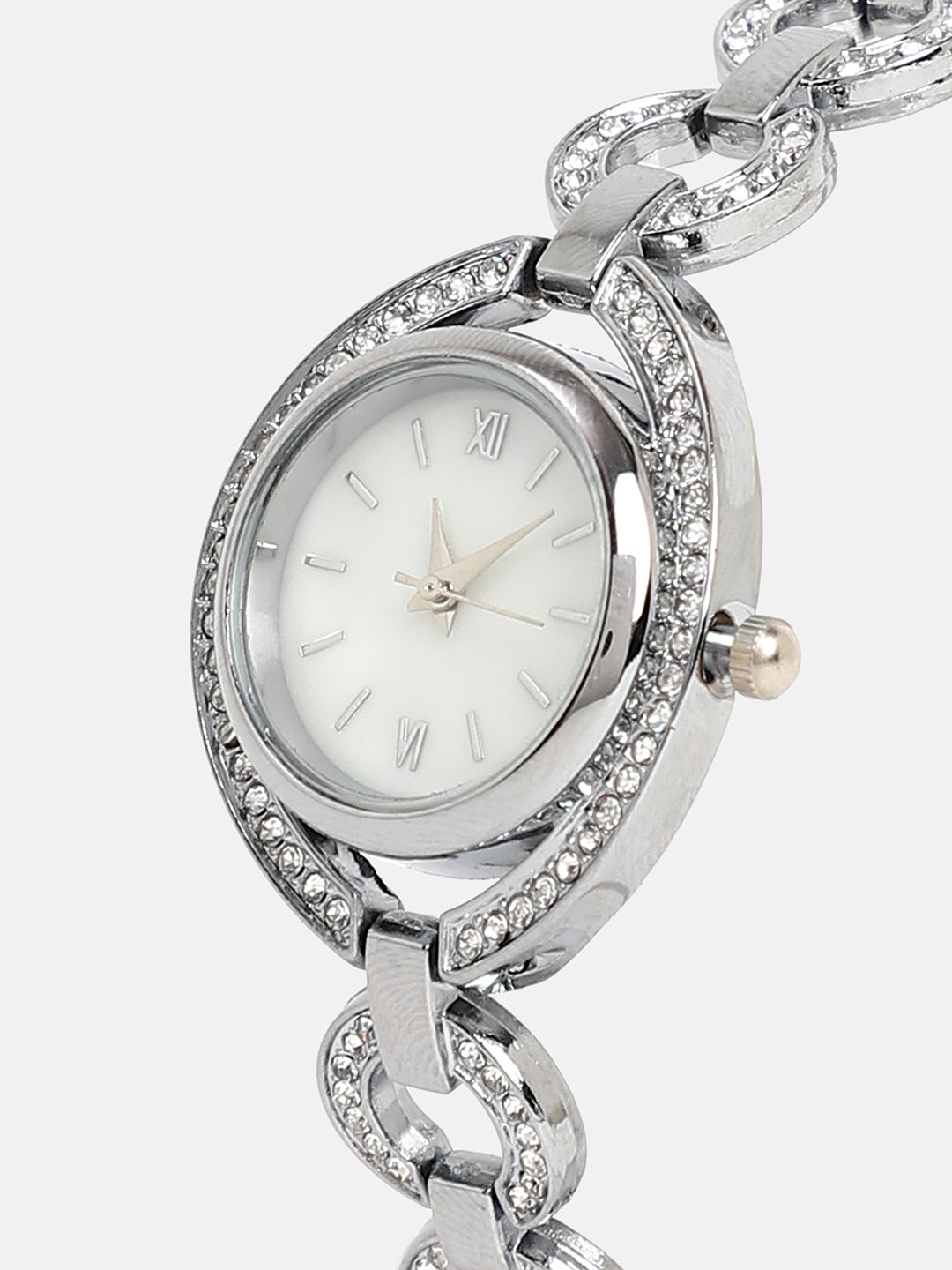The Embellished Chainlink Round Watch - Metallic Silver