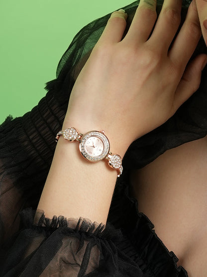 The Embellished Leaf Round Watch - Champayne Gold