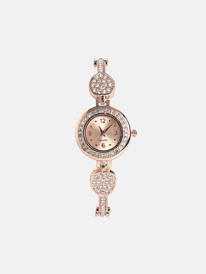 The Embellished Leaf Round Watch - Champayne Gold
