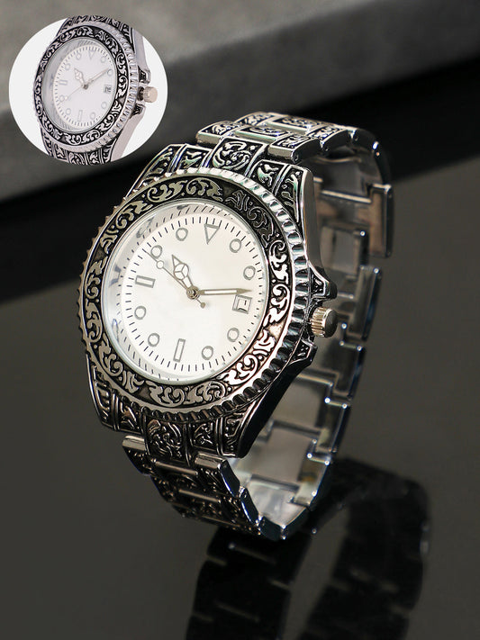 The Antique Embossed Round Watch - Chalice Silver