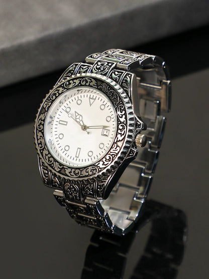 The Antique Embossed Round Watch - Chalice Silver