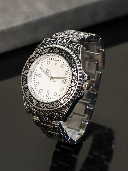 The Antique Embossed Round Watch - Chalice Silver