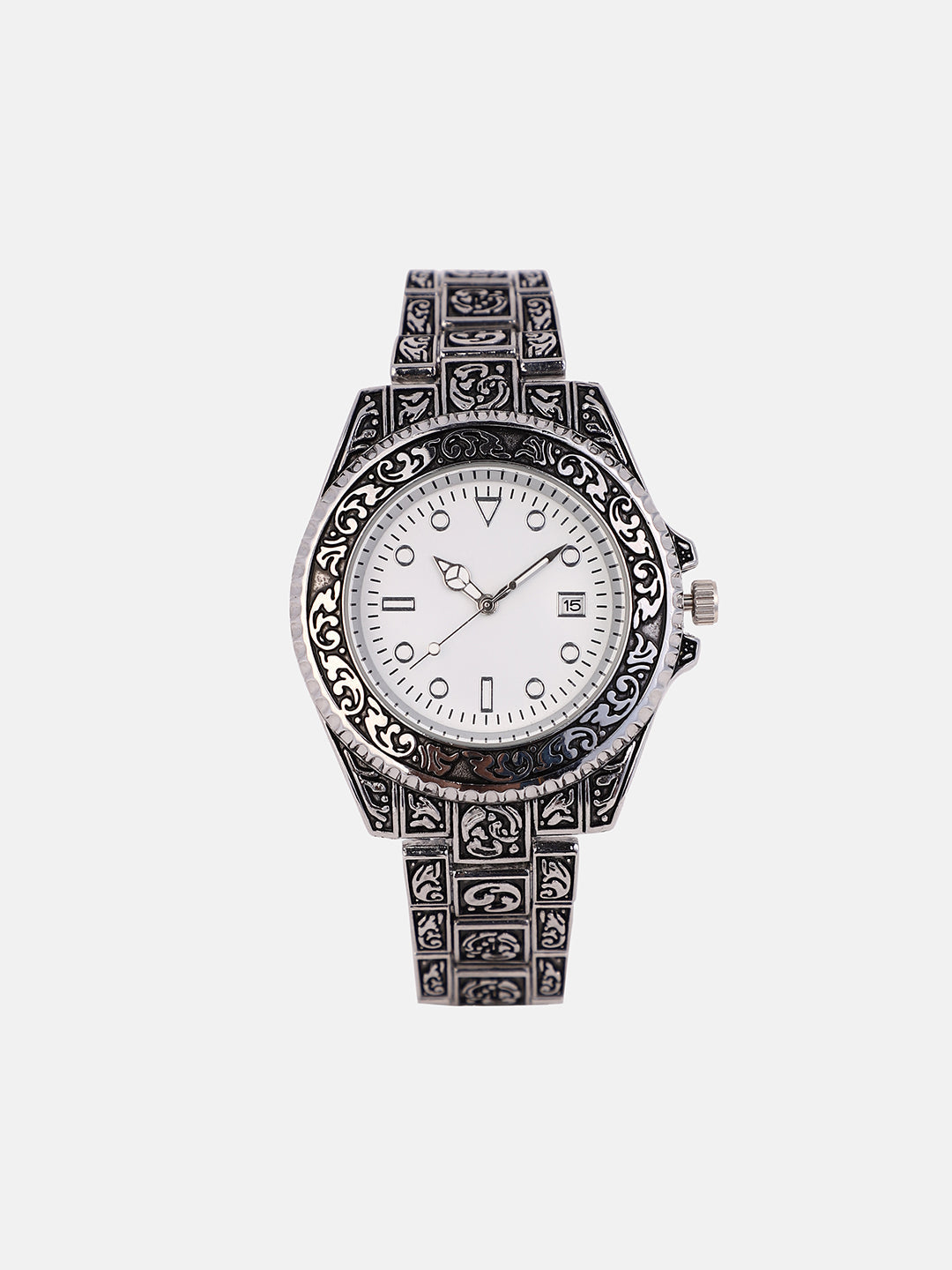 The Antique Embossed Round Watch - Chalice Silver