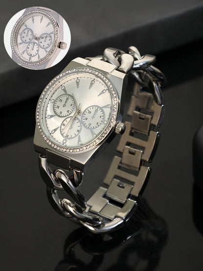 The Three-Dial Chunkylink Cushion Watch - Metallic Silver