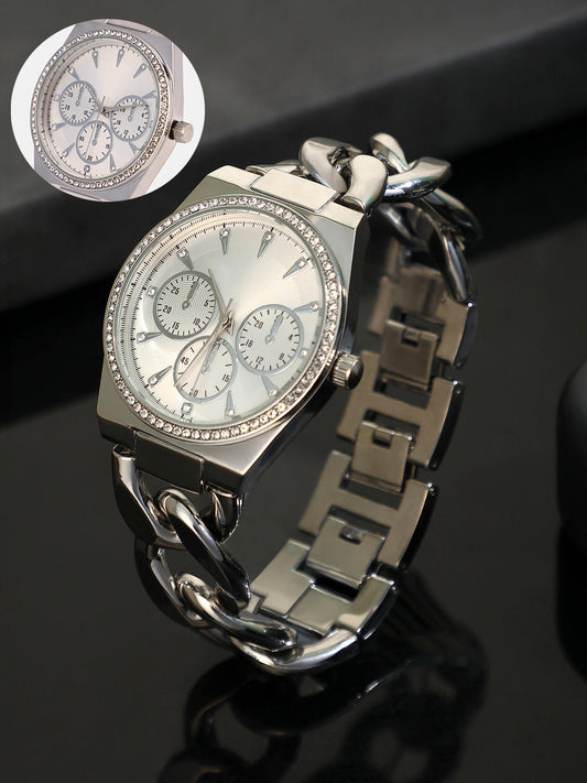 The Three-Dial Chunkylink Cushion Watch - Metallic Silver