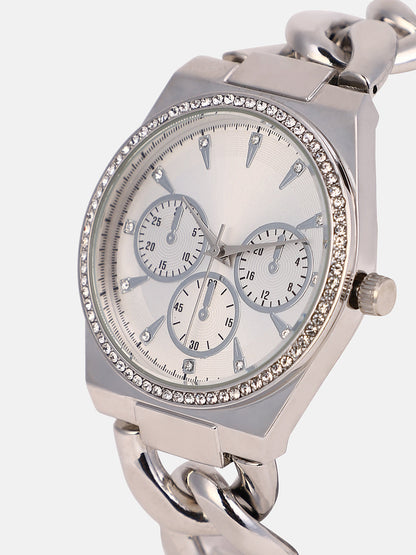 The Three-Dial Chunkylink Cushion Watch - Metallic Silver