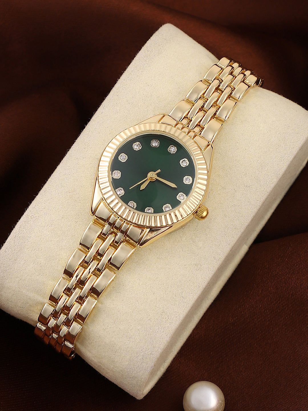 The Slim Ribbed H-Link Round Watch - Emerald Green