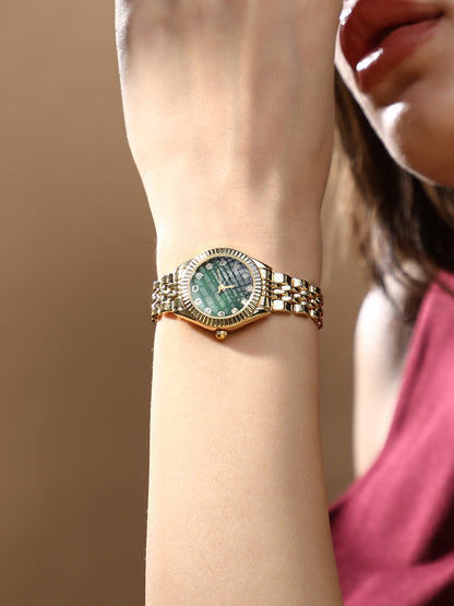 The Slim Ribbed H-Link Round Watch - Emerald Green
