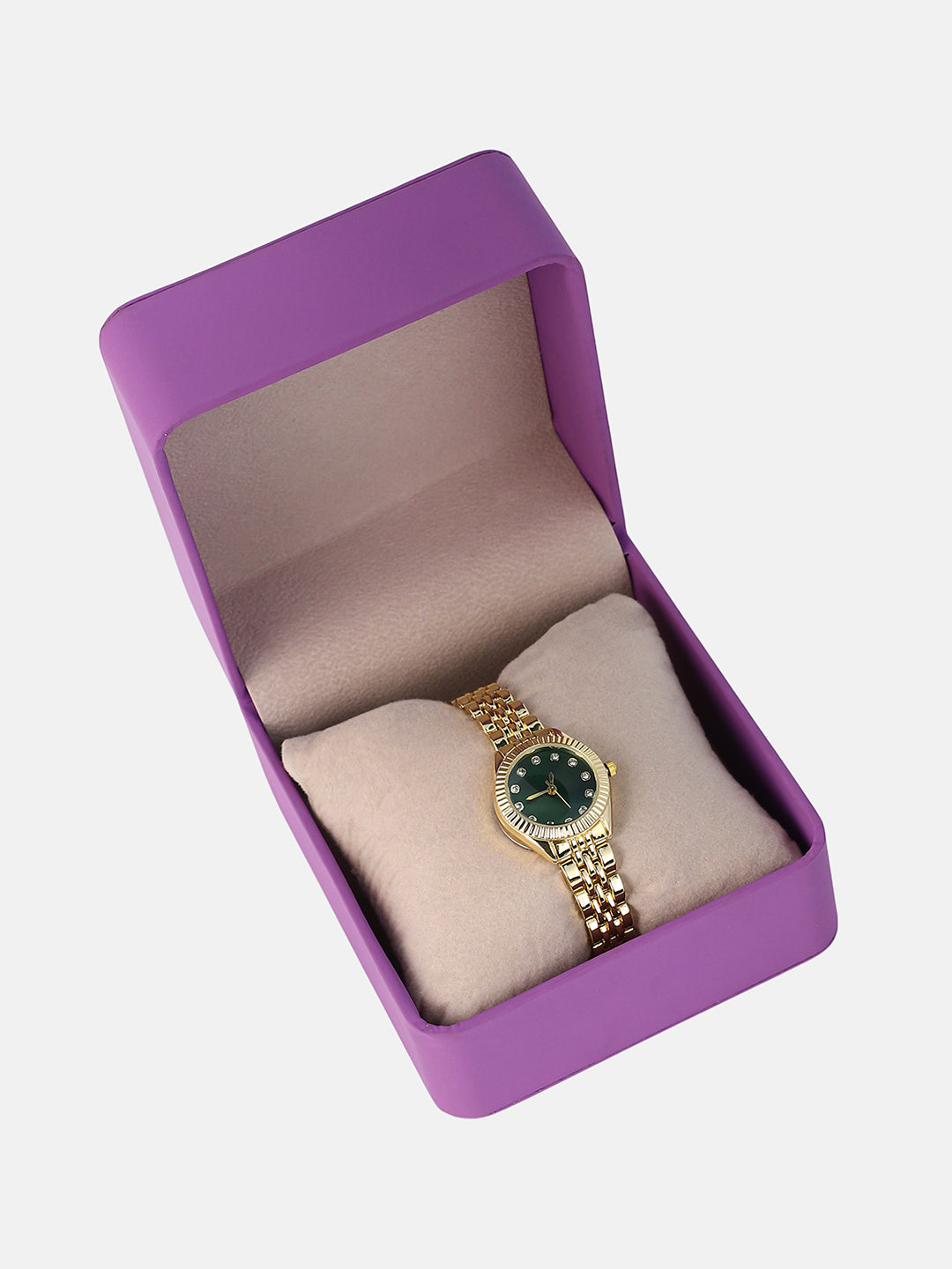 The Slim Ribbed H-Link Round Watch - Emerald Green
