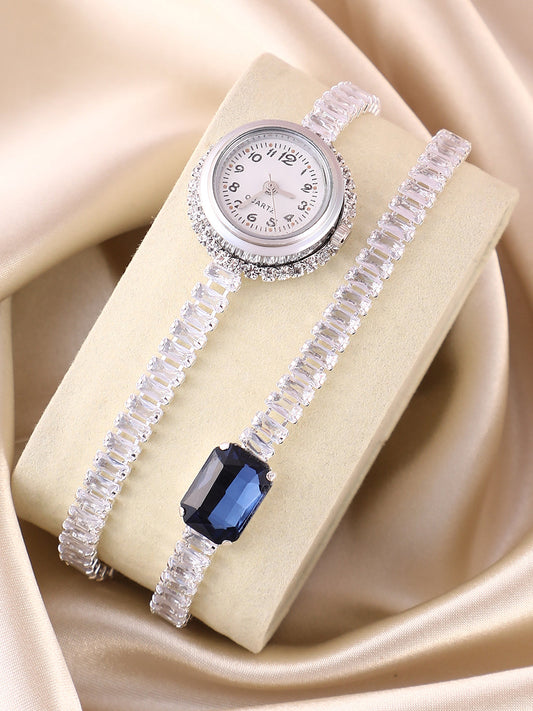 The Crystalized Wrap Round Watch - Metallic Silver (Sapphire Blue Stone)