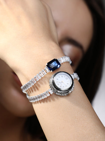 The Crystalized Wrap Round Watch - Metallic Silver (Sapphire Blue Stone)