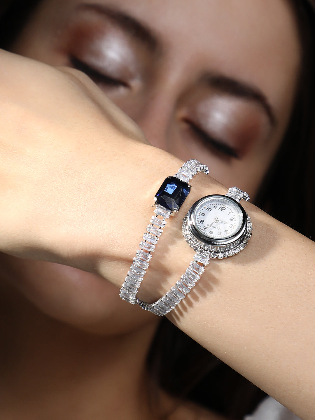 The Crystalized Wrap Round Watch - Metallic Silver (Sapphire Blue Stone)