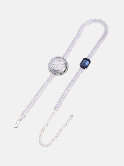 The Crystalized Wrap Round Watch - Metallic Silver (Sapphire Blue Stone)