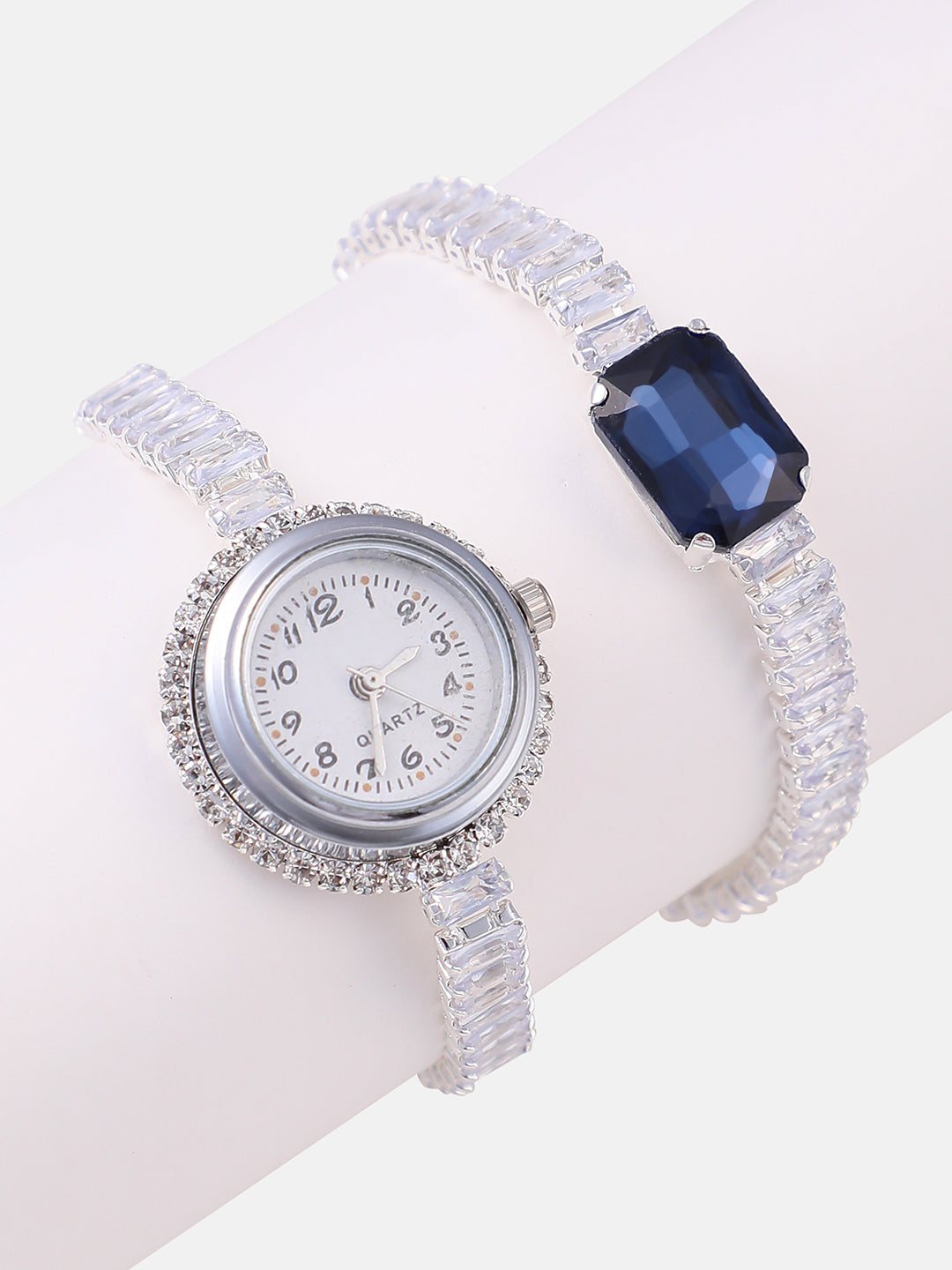 The Crystalized Wrap Round Watch - Metallic Silver (Sapphire Blue Stone)