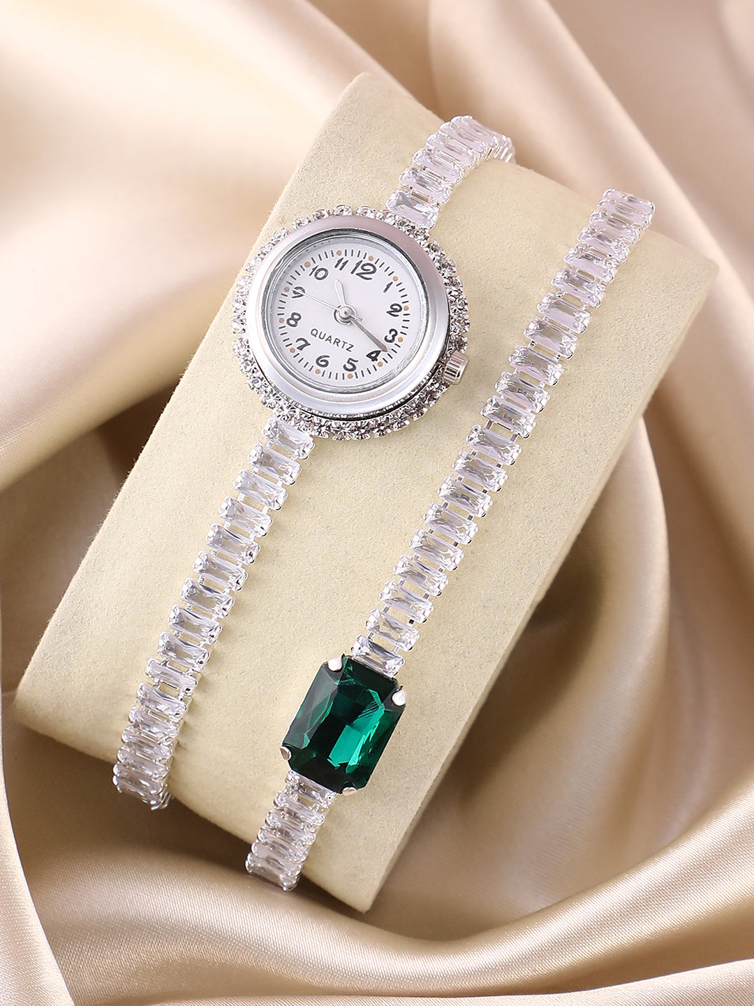 The Crystalized Wrap Round Watch - Metallic Silver (Emerald Green Stone)