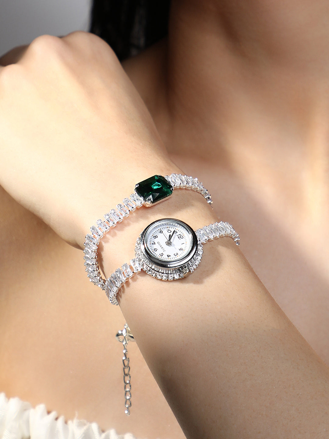 The Crystalized Wrap Round Watch - Metallic Silver (Emerald Green Stone)