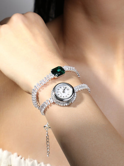 The Crystalized Wrap Round Watch - Metallic Silver (Emerald Green Stone)