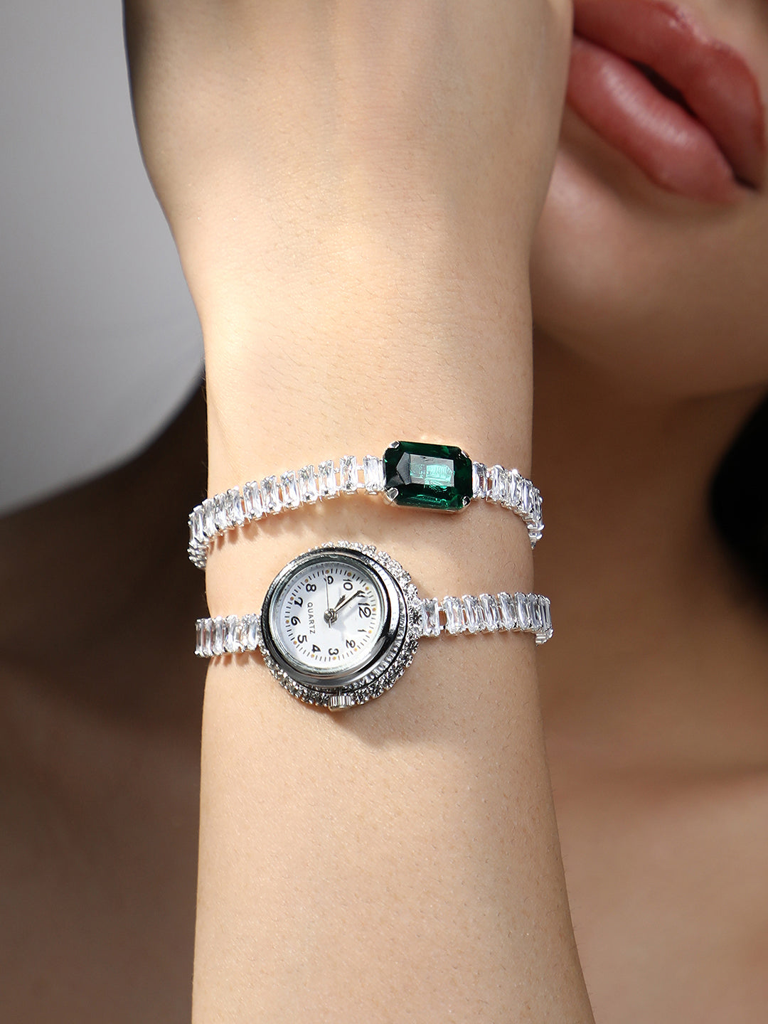 The Crystalized Wrap Round Watch - Metallic Silver (Emerald Green Stone)